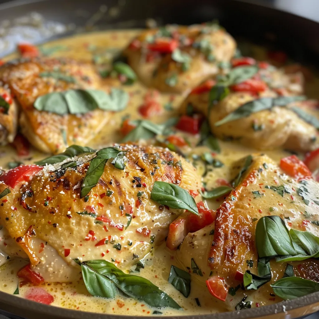 Close-up of juicy chicken breast covered in creamy Parmesan sauce with basil leaves.