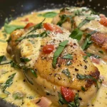 Side view of a plated Creamy Parmesan Basil Chicken, showcasing rich textures.