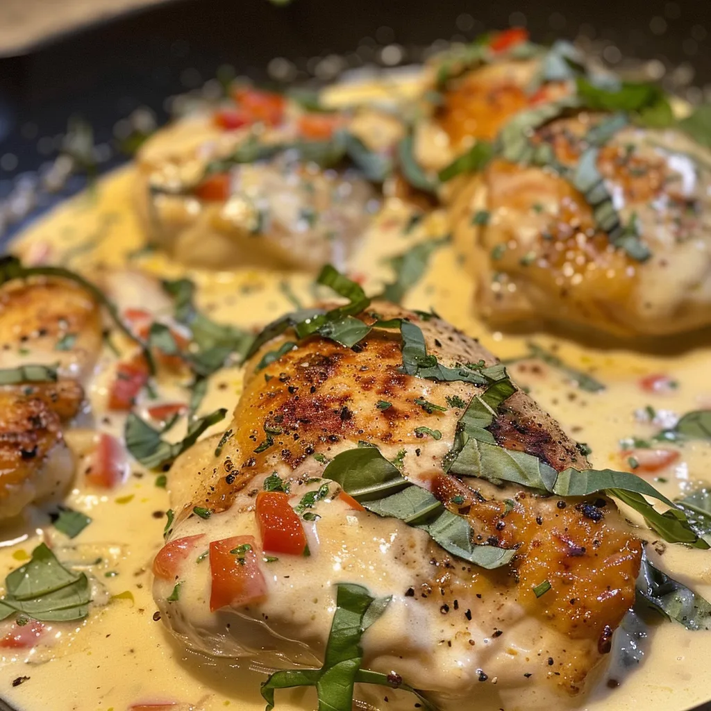 Delicious chicken dish featuring Parmesan cream sauce and roasted red peppers.