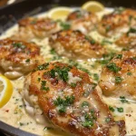 Close-up view of Creamy Parmesan Lemon Chicken on a plate, garnished with parsley.