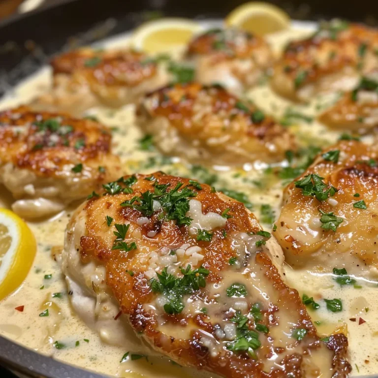 Close-up view of Creamy Parmesan Lemon Chicken on a plate, garnished with parsley.