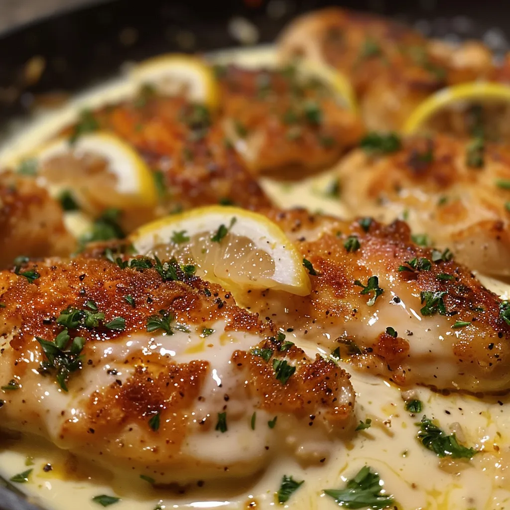 Juicy chicken breasts coated in creamy lemon sauce, showcasing grated Parmesan on top.