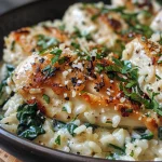 A close-up view of creamy Parmesan spinach rice topped with spicy garlic chicken.
