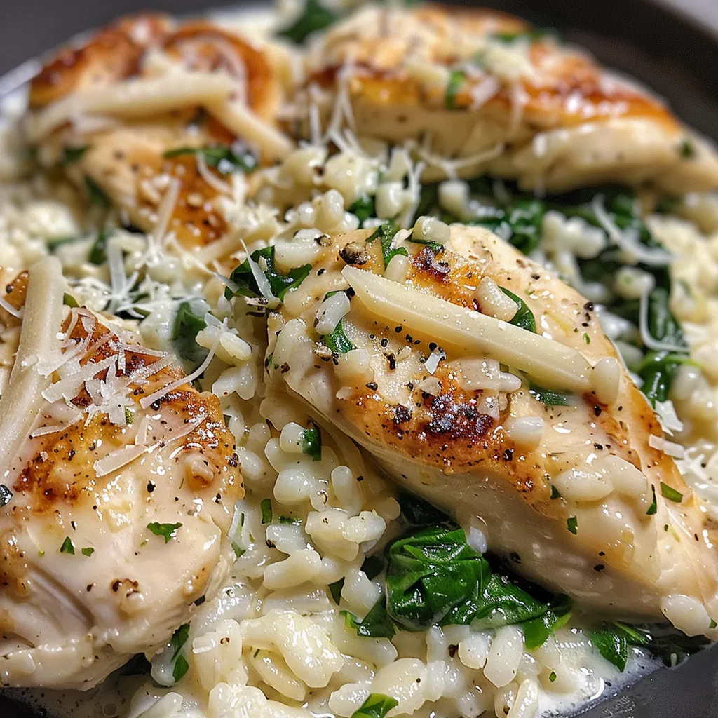 Juicy garlic chicken served over a bed of creamy spinach rice with Parmesan.