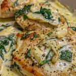Close-up image of tender chicken breasts smothered in a creamy spinach artichoke sauce.