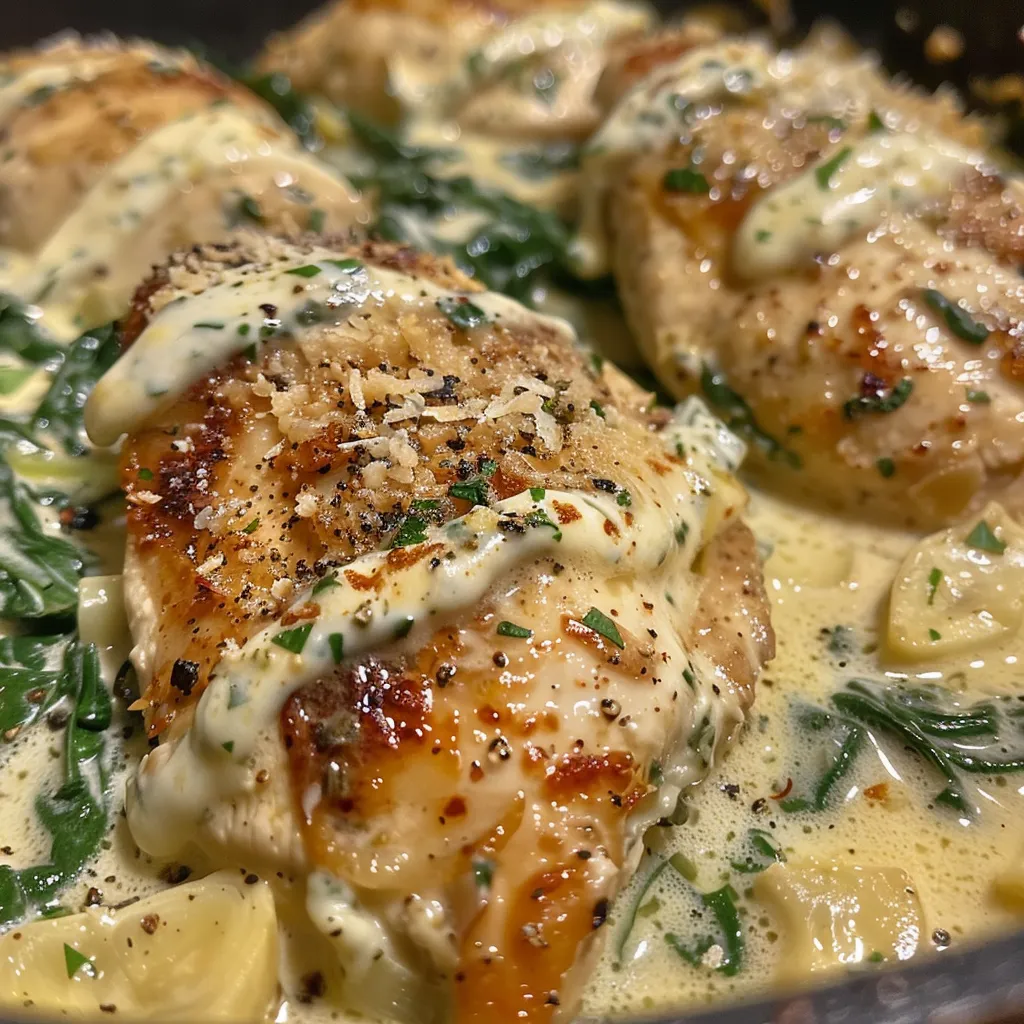 Side perspective of a skillet featuring artichoke hearts and wilted spinach over chicken, ready to serve.