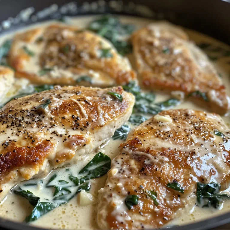 Juicy Creamy Spinach Chicken cutlet with a rich sauce and spinach on a white plate.