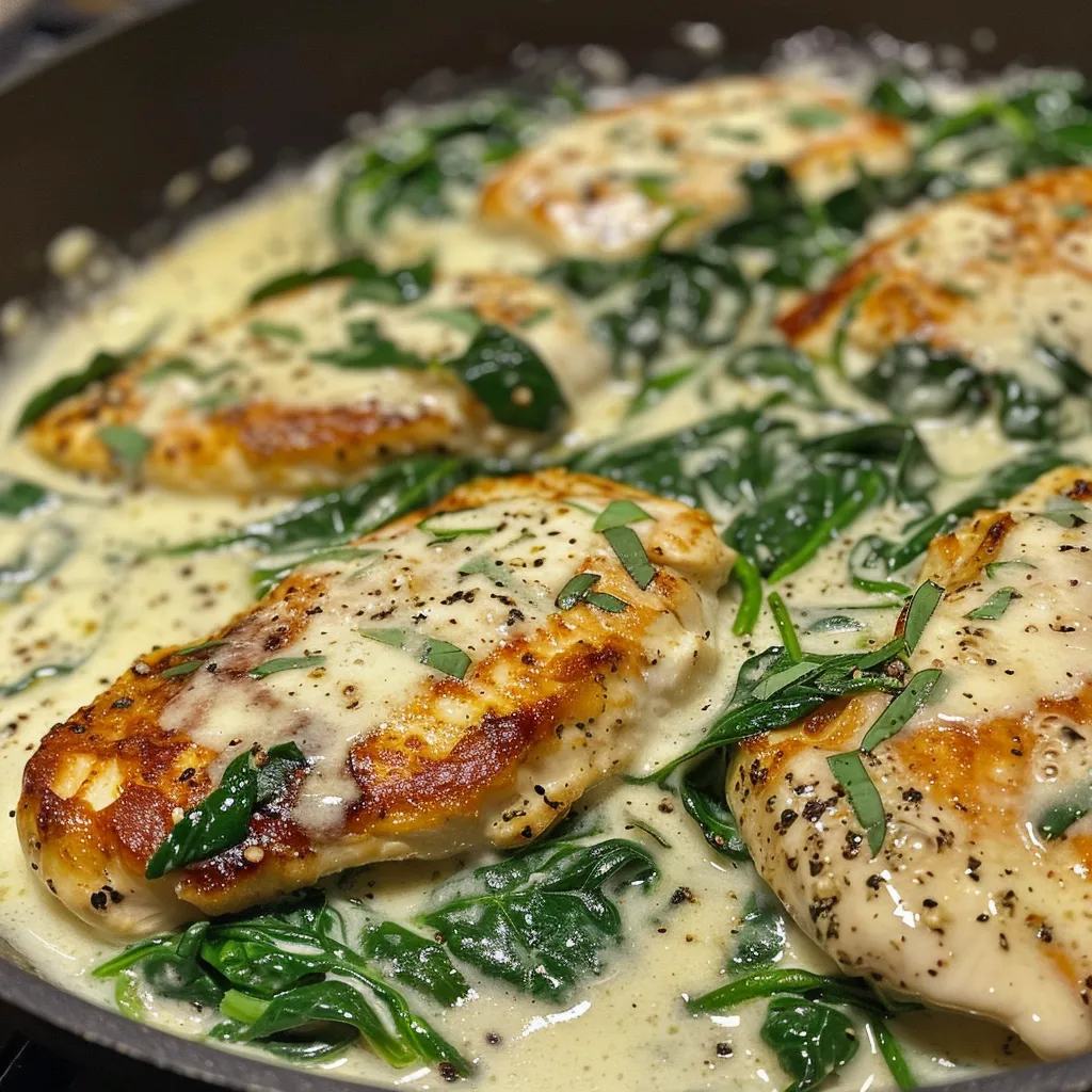 Close-up view of a succulent chicken dish featuring creamy spinach sauce and garlic.