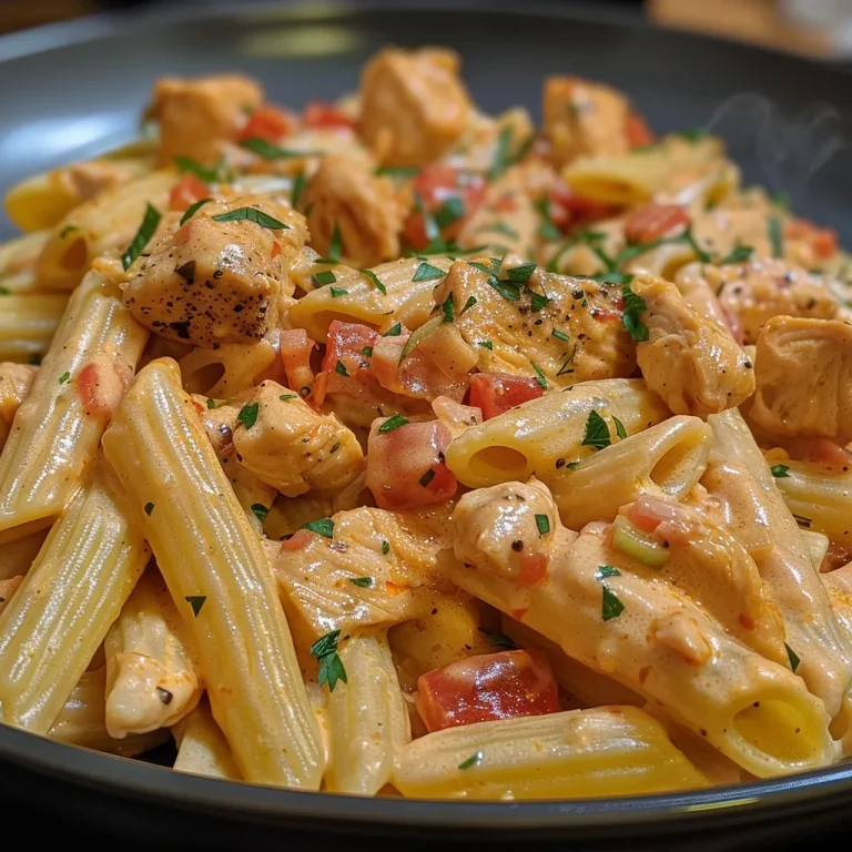 Close-up of creamy tomato chicken pasta in a bowl, showcasing chicken pieces and pasta.