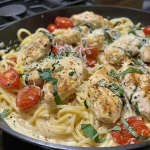 Creamy Tuscan chicken pasta topped with sun-dried tomatoes and spinach in a bowl.