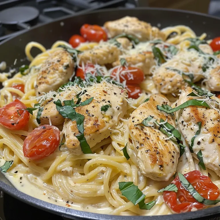 Creamy Tuscan chicken pasta topped with sun-dried tomatoes and spinach in a bowl.