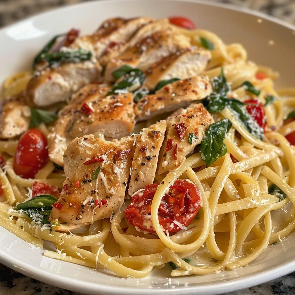 Close-up of creamy pasta dish featuring chicken, spinach, and sun-dried tomatoes.