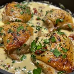 Close-up view of a serving of creamy Tuscan chicken with spinach and sun-dried tomatoes.