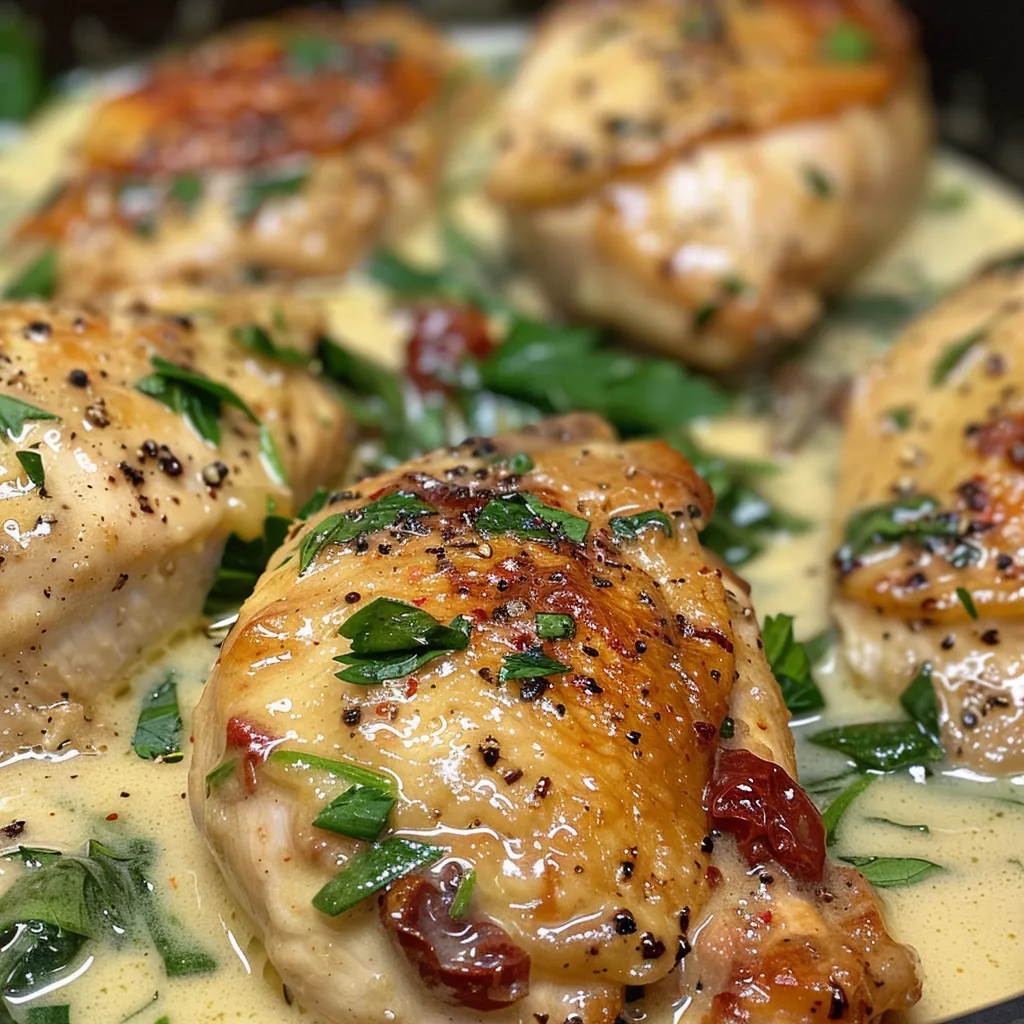 Juicy boneless chicken breasts in a creamy sauce with green spinach and chopped sun-dried tomatoes.