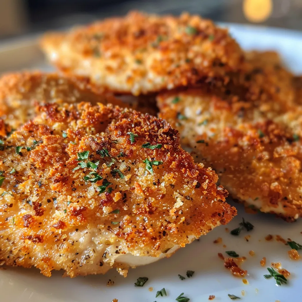 Juicy baked chicken piece encrusted with panko, exhibiting a delectable golden-brown finish.