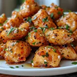 Golden-brown chicken bites coated in a honey garlic sauce on a white plate.