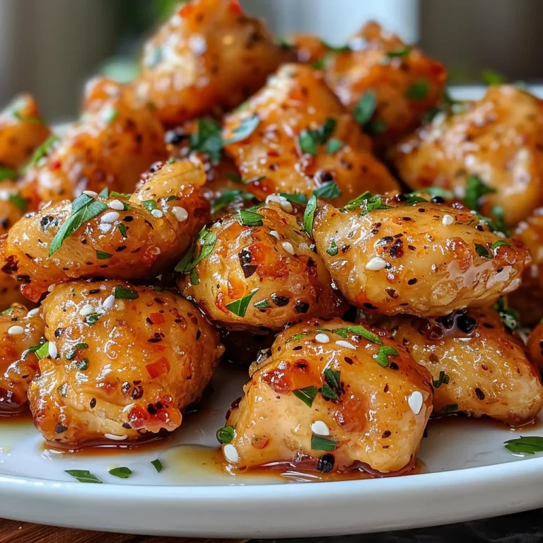 Golden-brown chicken bites coated in a honey garlic sauce on a white plate.