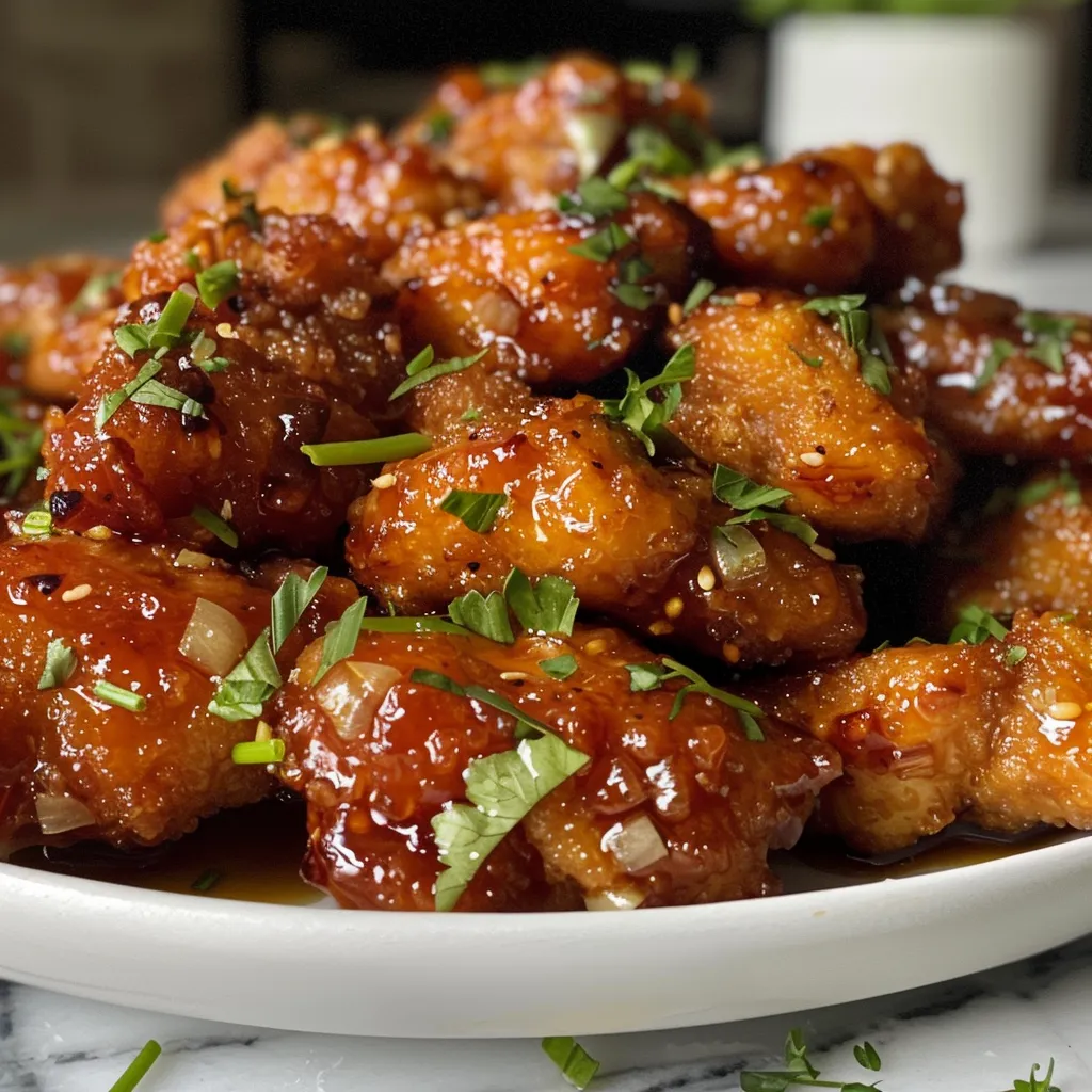 Crispy chicken pieces drizzled with honey and sprinkled with chopped parsley.