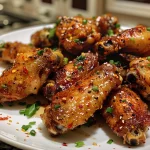 A plate of golden brown crispy chicken wings drizzled with hot honey, with parsley and sesame seeds.