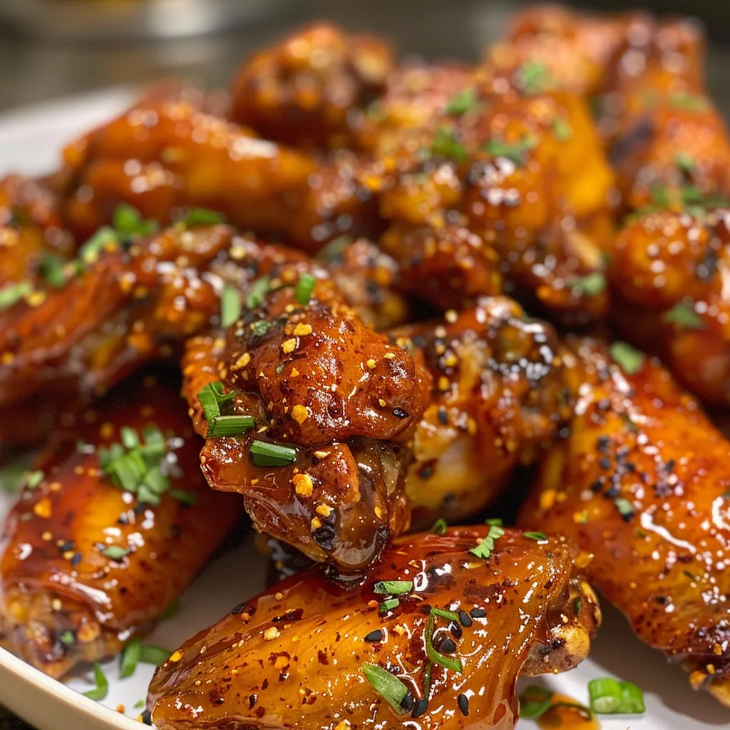 Side view of spicy honey chicken wings glistening with sauce, ready to be served.
