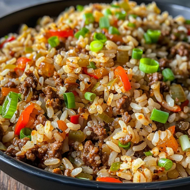 Close-up of a bowl of Dirty Rice with ground beef, garnished with green onions.