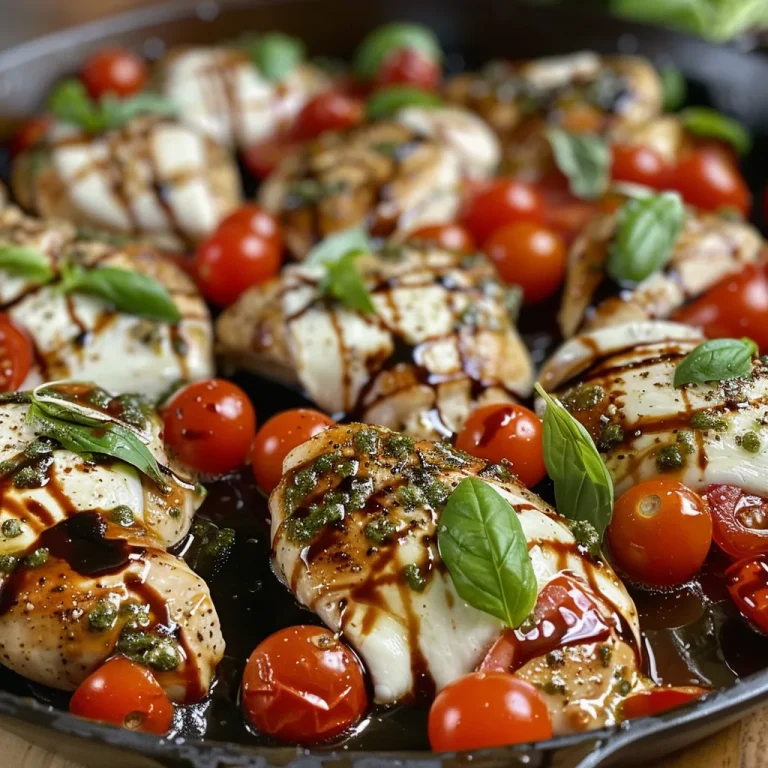Side view of a Chicken Caprese Skillet showcasing rich colors and textures of ingredients.