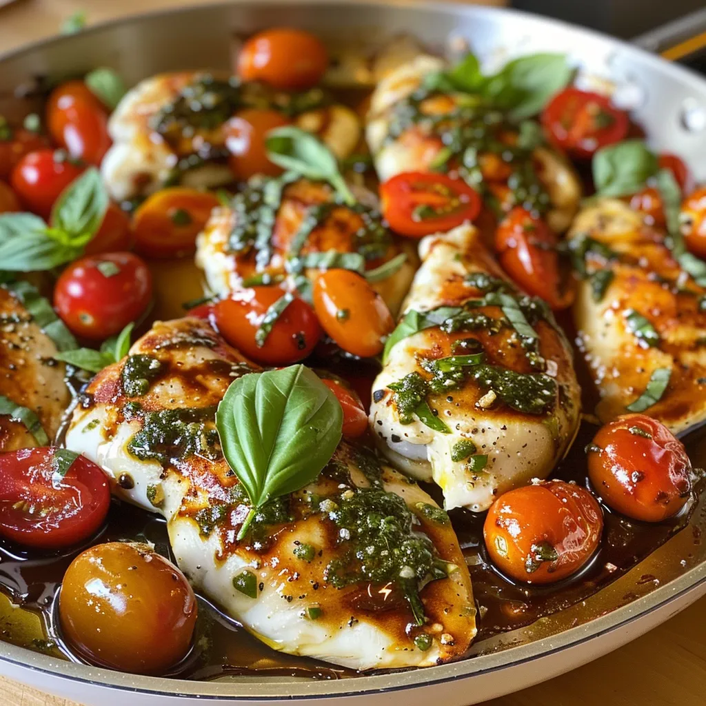 Delicious Chicken Caprese served in a skillet, highlighting gooey cheese and vibrant tomatoes.