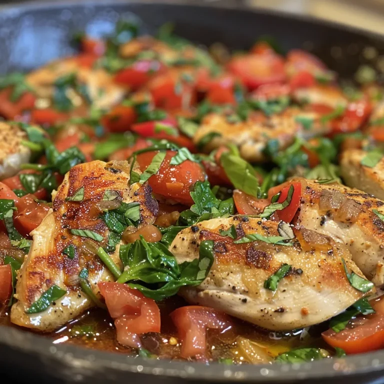 Close-up view of a skillet filled with juicy chicken, fresh spinach, and diced tomatoes.
