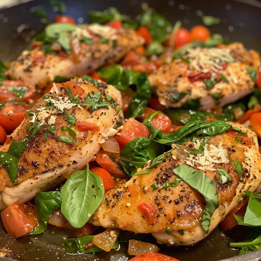 Side view of a vibrant chicken spinach tomato dish with herbs and cheese.
