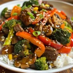 Close-up view of a vibrant plate of Easy Garlic Ginger Beef Stir Fry with colorful vegetables.