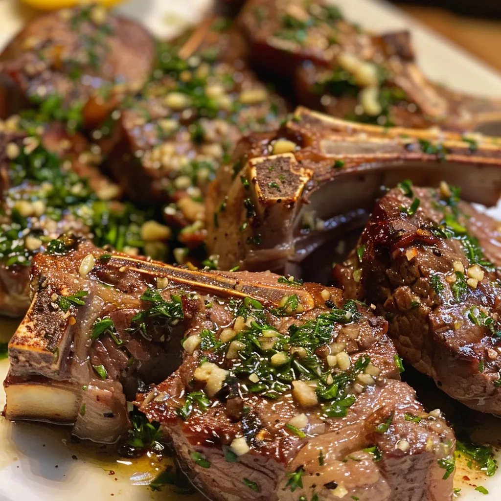 Close-up view of succulent lamb chops with garlic and herbs, showcasing their juicy texture.