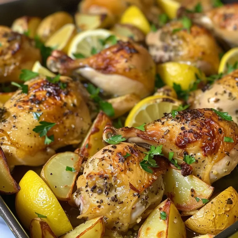An appetizing view of Easy Greek roast chicken featuring succulent meat, garlic, and lemon zest, with potatoes.