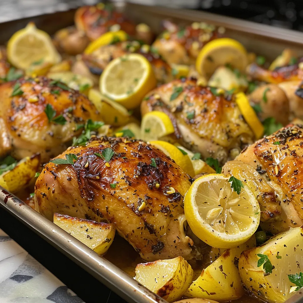 Side view of a delicious Greek lemon garlic chicken on a platter, accompanied by diced roasted potatoes.