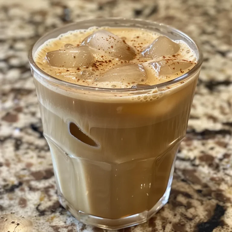 Close-up of a glass filled with iced coffee, showcasing ice cubes and a creamy top layer.