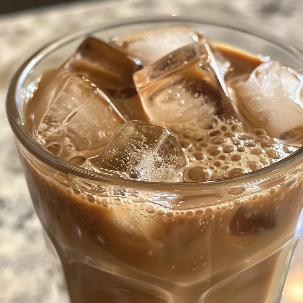 Side view of a homemade vanilla iced coffee with frothy half and half and a straw.