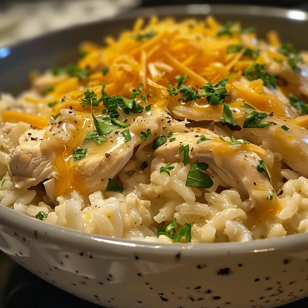 Delicious bowl of Easy Ranch Chicken and Rice with melted cheese on top.