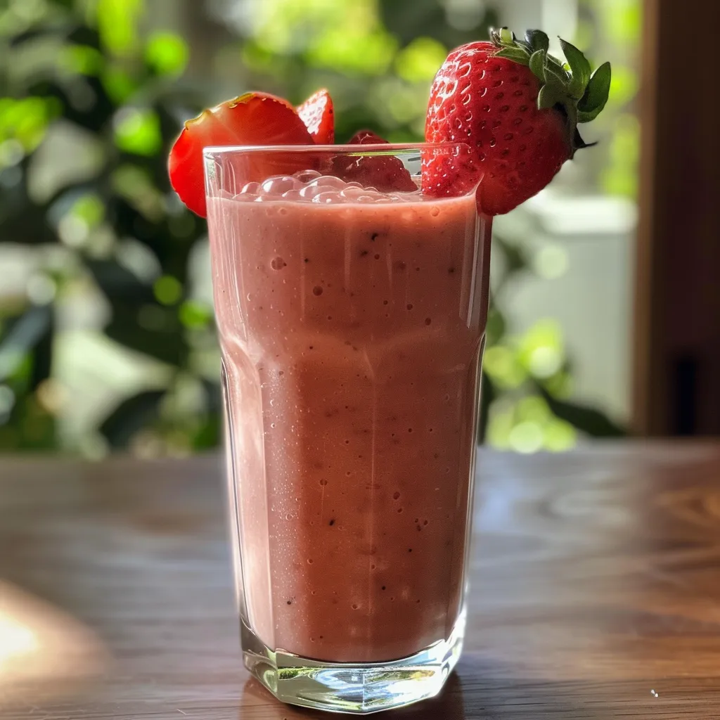 Side view of a thick strawberry smoothie topped with a fresh strawberry.