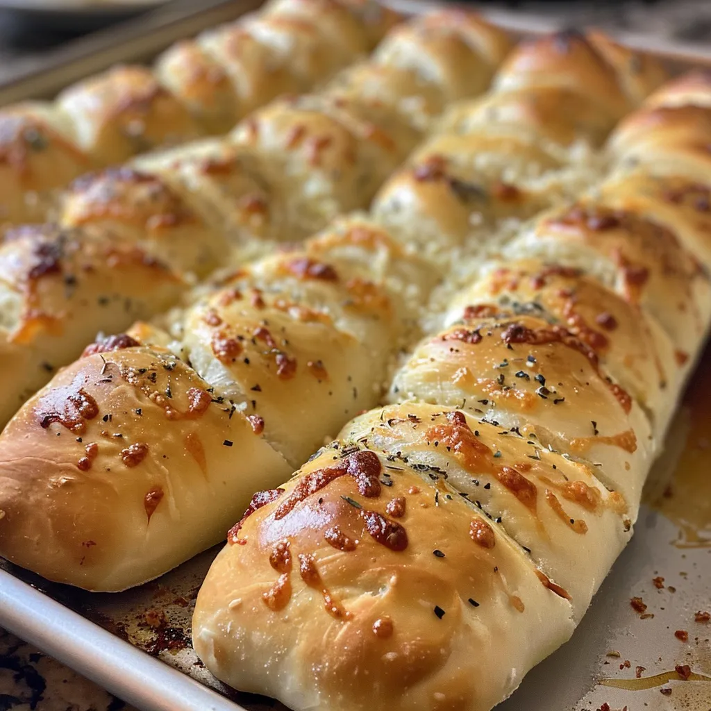 Side view of warm, soft breadsticks coated in garlic butter and herbs.