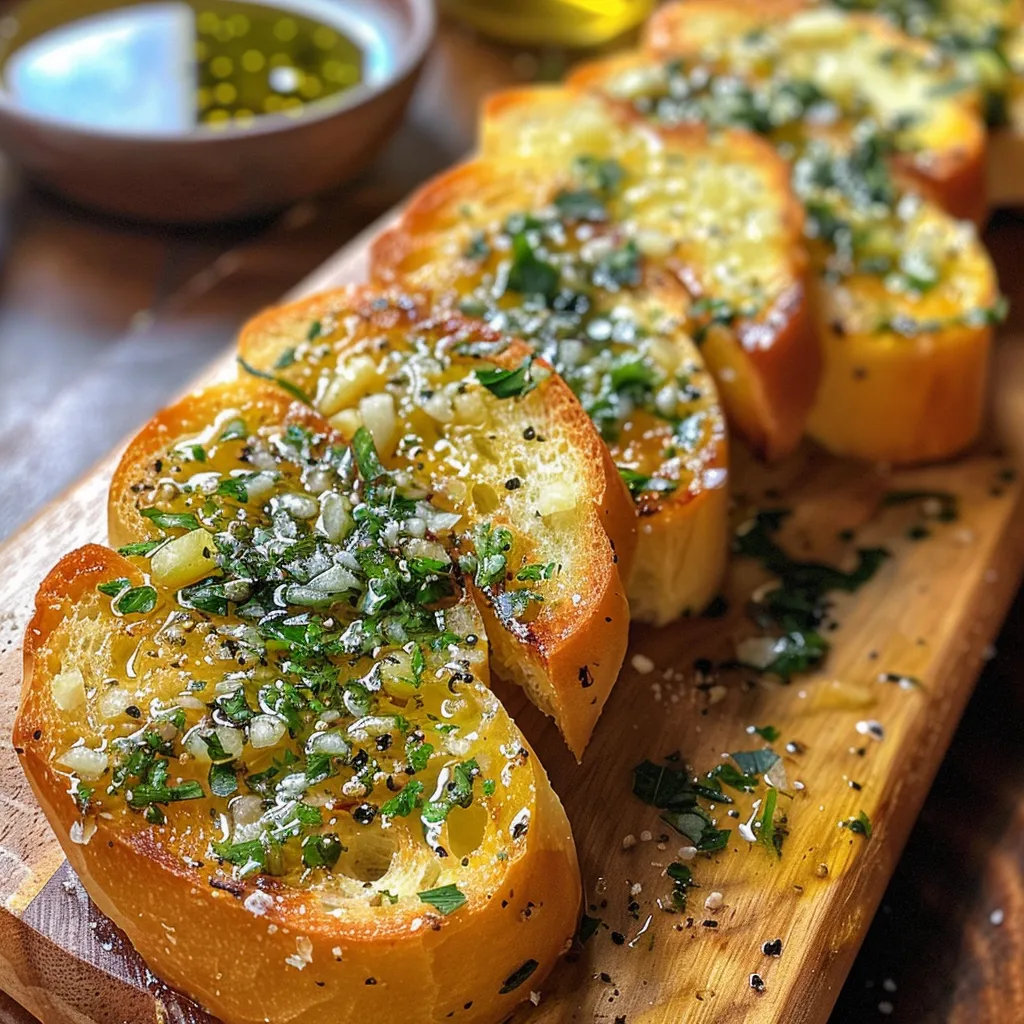 Juicy garlic bread topped with melted butter and herbs, shown from the side.