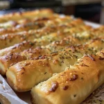 Close-up view of freshly baked garlic butter breadsticks, glistening with melted butter.