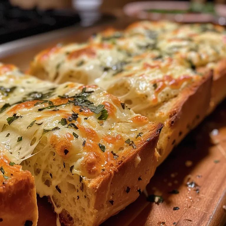 Close-up view of a golden-brown garlic cheese bread loaf, with melted cheese glistening on top.