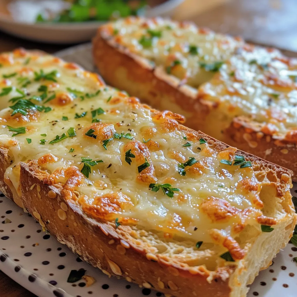 A side view of cheesy garlic bread, showcasing its crispy crust and gooey cheese.