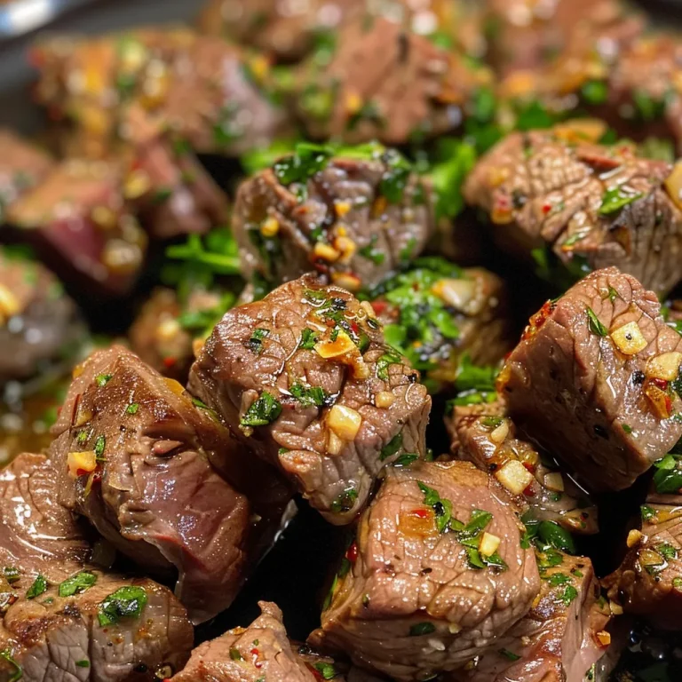 Close-up view of juicy Garlic Herb Beef Cubes served with Tartar Ranch sauce.