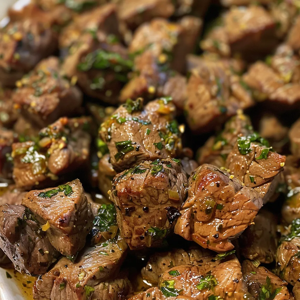 Appetizing beef cubes seasoned with garlic and herbs, accompanied by a dipping sauce.