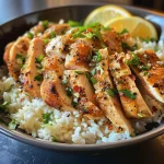 A bowl of Garlic Herb Chicken Rice featuring tender chicken, rice, and herbs, ready to eat.