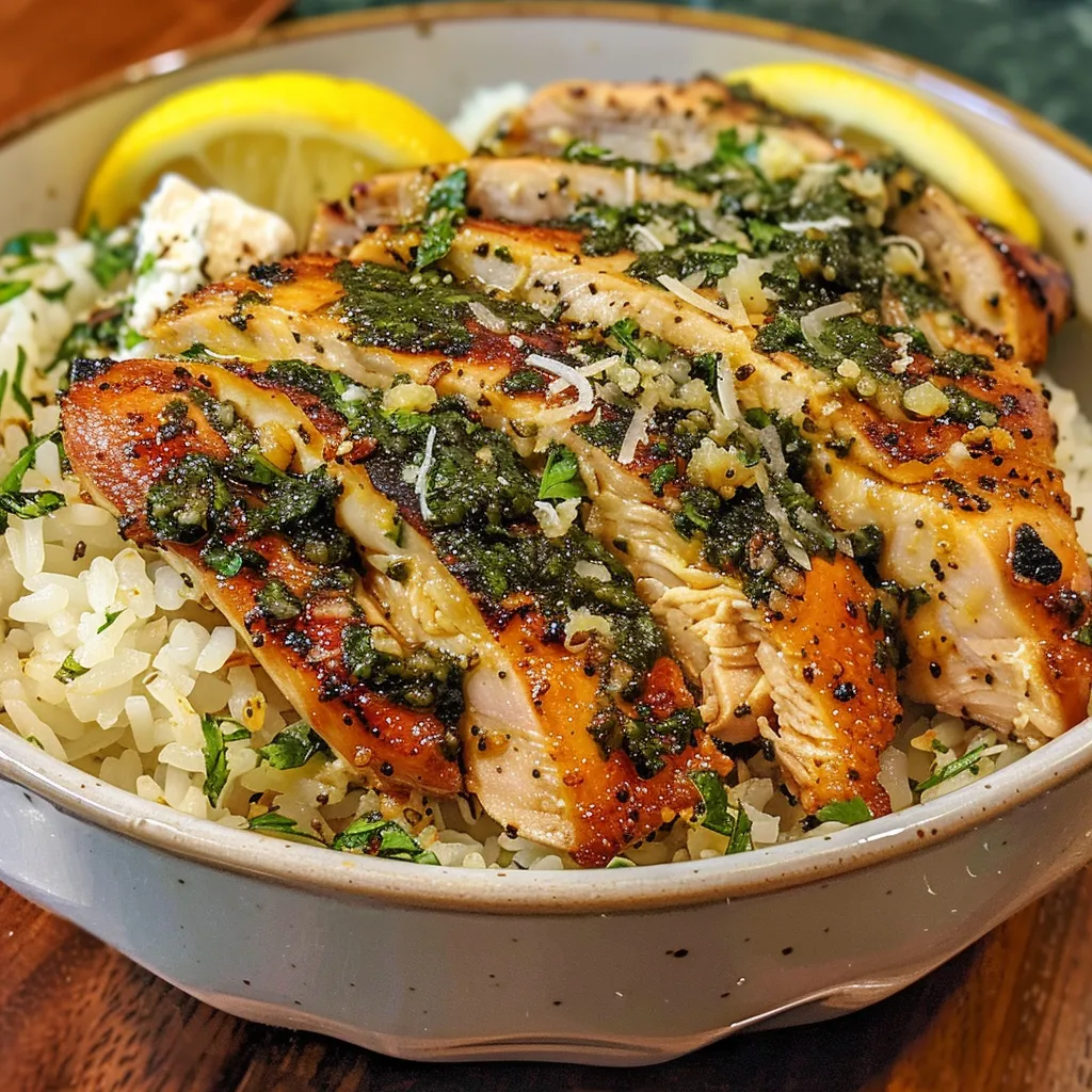 Side view of a flavorful rice bowl with chicken, creamy sauce, and green parsley garnish.