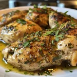 Close-up view of a juicy Garlic Herb Chicken Breast garnished with parsley.