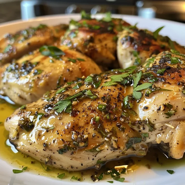 Close-up view of a juicy Garlic Herb Chicken Breast garnished with parsley.
