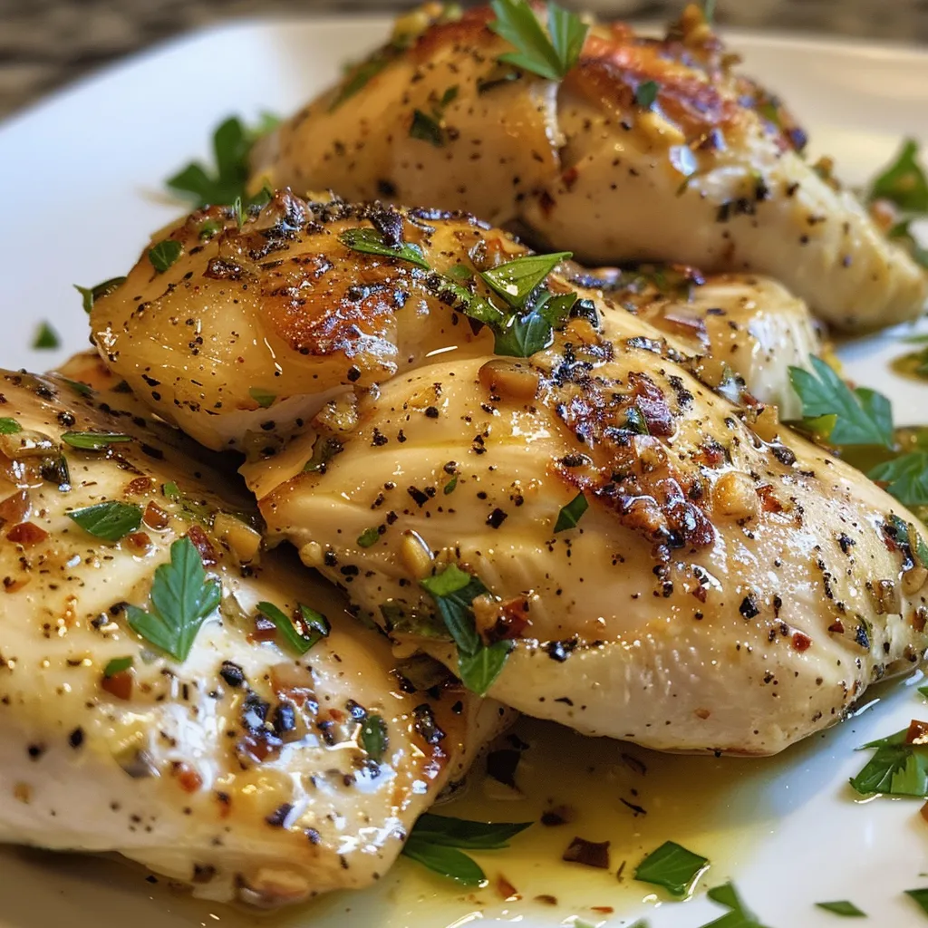 Side view of a perfectly seared Garlic Herb Chicken Breast on a plate.