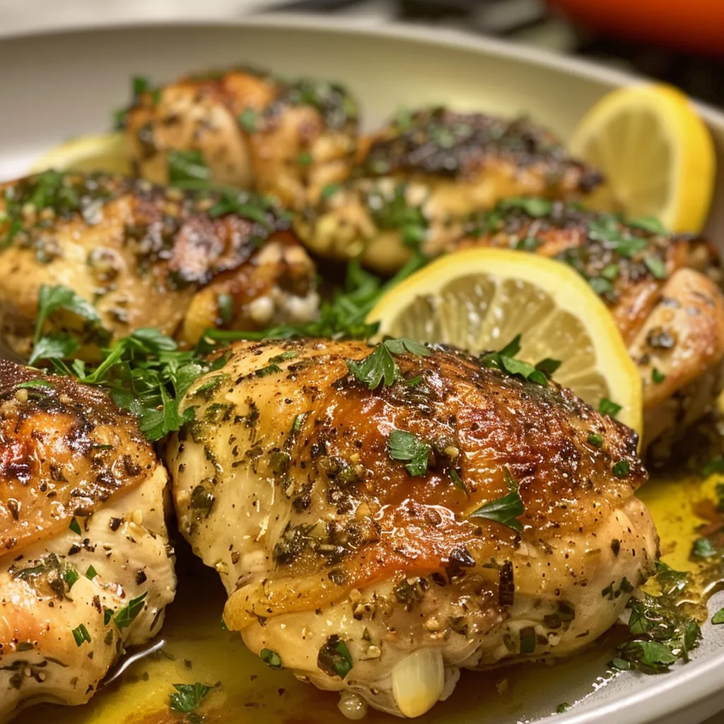 Succulent chicken breast infused with garlic and herbs, displayed with a fresh garnish.